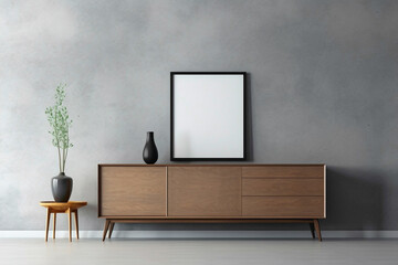 Sleek design with wooden cabinet, dresser, and empty poster frame against textured concrete wall in modern living room.