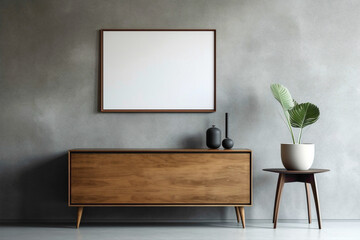 Sleek design with wooden cabinet, dresser, and empty poster frame against textured concrete wall in...