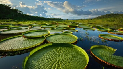 Giant water lilies (Victoria amazonica) on a pond at sunset