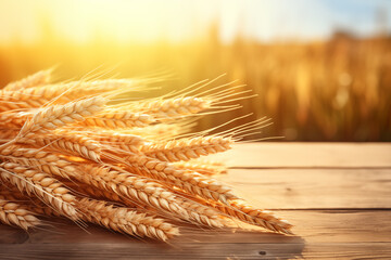 Ears of wheat on a wooden surface on a field background, copy space. - Powered by Adobe