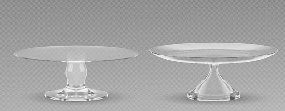 3d glass cake plate for dessert isolated vector. Realistic birthday dish stand for table. Empty pie display tray graphic set. Pretty crystal sweet food pedestal. Luxury cupcake showcase glassware