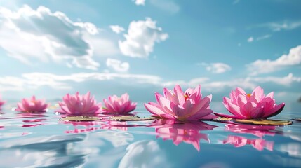 Pink flowers floating on water against blue sky  ,Generative ai,