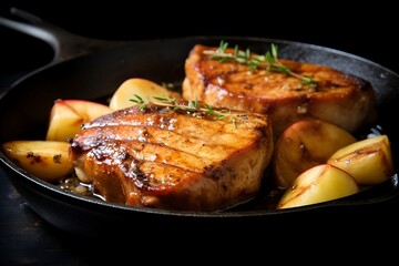 Grilled meat with potatoes and rosemary on a black background