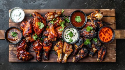 Assorted glazed barbecued chicken wings on a plate with sauces. - obrazy, fototapety, plakaty