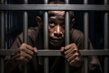 Business corrupt oldman prisoner in orange uniform holds hands on metal bars, looking at camera. Standing, sitting behind prison bars.	
 - obrazy, fototapety, plakaty