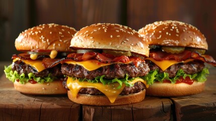 Trio of cheeseburgers with bacon and lettuce. Close-up food photography. Fast food and gourmet concept for design, menu, and advertisement - obrazy, fototapety, plakaty