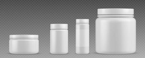 White plastic pill bottle for vitamin supplement. 3d blank medicine container vector mockup. Medical capsule or powder can design with empty label for prescription. Realistic sport protein canister