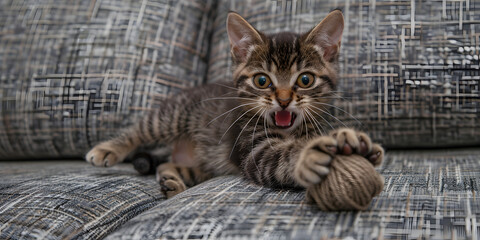 Filhote de gato brincando com uma bola de lã