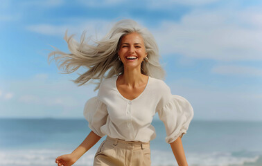 Happy Mature Woman Dancing Joyfully at the Beach