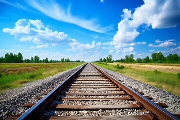 Railway tracks on the background of the blue sky with clouds