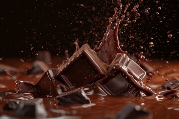  A mound of chocolate with a drizzle of chocolate at its peak, situated over a puddle of water - obrazy, fototapety, plakaty