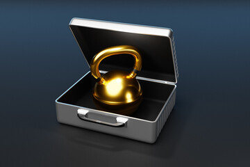 3d illustration of a golden metal weight in a silver case on a black background. Sports concept