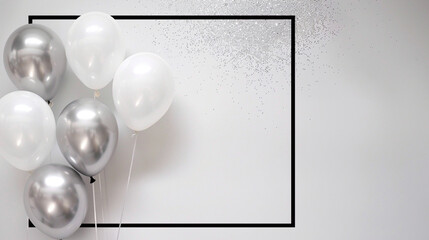 A minimalist happy birthday background with monochrome balloons and a simple black frame, highlighted by a subtle silver glitter shimmer against a stark white backdrop.