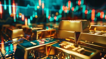 A nostalgic scene capturing the volatility of the gold market through a dynamic arrangement of gold bars and rising stock charts, evoking the timeless allure of gold investment