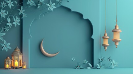 Islamic lanterns and crescent moon. 3D illustration of traditional lanterns and crescent