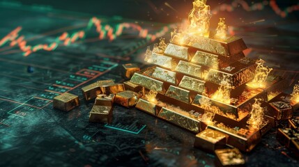 A pyramidal arrangement of gold bars catching fire to symbolize the hot, rising prices of gold in a volatile market, set against a backdrop of vintage stock charts
