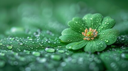   A tight shot of a verdant bloom, adorned with pearls of water upon its petals A vibrant green foliage leaf lies prominent in the foreground
