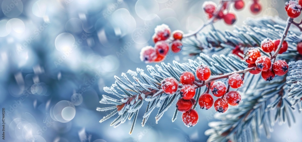 Poster a detailed view of a pine tree adorned with bright red berries on snow-dusted branches