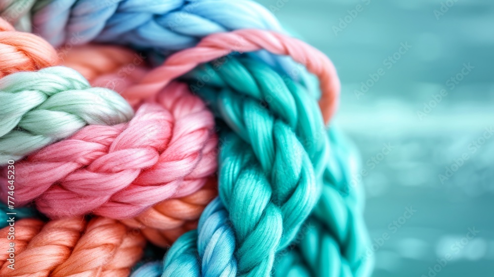 Poster detailed view of a vibrant multi colored rope, showing intricate patterns and textures up close