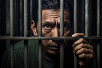 Fototapeta na wymiar Business corrupt oldman prisoner in orange uniform holds hands on metal bars, looking at camera. Standing, sitting behind prison bars. 