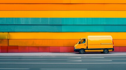 A yellow delivery truck is parked in front of a vibrant multi-colored building
