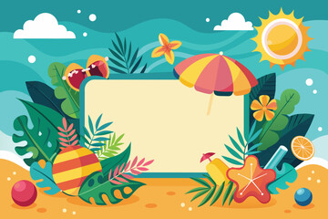 Fototapeta na wymiar Summer vacation banner with tropical elements. Vector illustration in flat style.