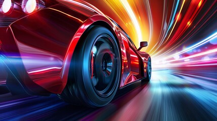 A red sports car speeds through a tunnel illuminated by colorful lights, creating a dynamic and...