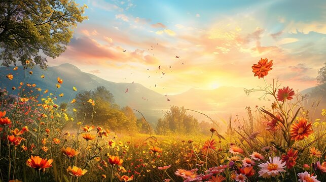 Stunning flowers landscape with sunset vibe ,Generative ai,
