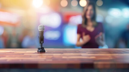 A microphone sits on top of a wooden table, ready for a news anchor to deliver information in a studio