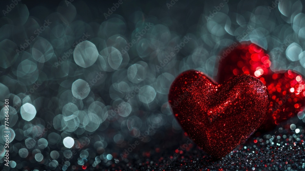 Poster two red hearts are displayed on a table, creating a romantic and visually appealing scene