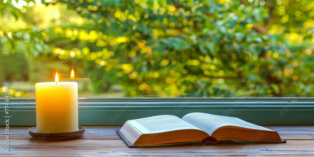 Poster a candle and a book are placed on a window sill, creating a cozy reading nook with natural light fil