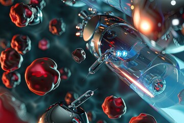 Fototapeta na wymiar Nanotechnology medicine drug capsules navigating through blood Medicine Microbots: Navigating the Vascular Network