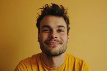 Portrait of a handsome young man with a beard on a yellow background