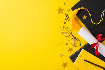 Mark the occasion with a top-view picture featuring a graduation cap, diploma, stationery, books,...