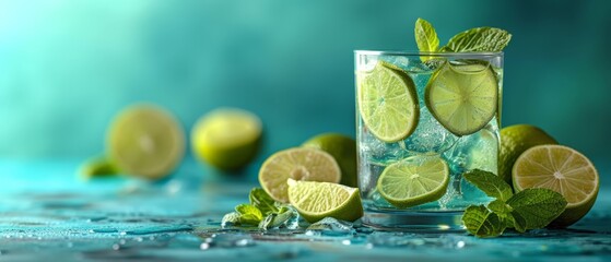   A glass of water, filled with sliced limes and sprigs of mint, situated against a blue and green backdrop - obrazy, fototapety, plakaty