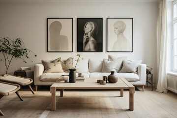 Scandinavian charm graces the living area, featuring two beige sofas and a vintage wooden table. An...