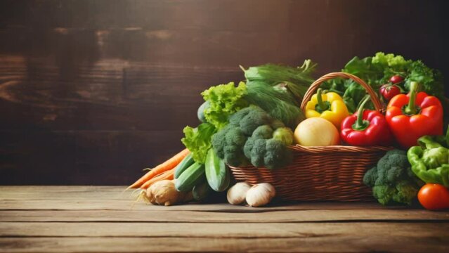 basket with various organic vegetables and fruits Old rough wood background,