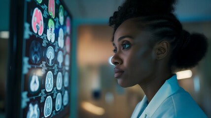 Black female neurologist analyzing MRI scans