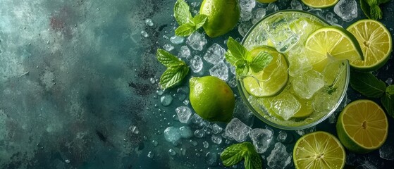   A tight shot of a glass filled with lemonade, garnished with slices of lime and sprigs of mint, set against a backdrop of blue and green hues