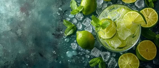 Foto op Plexiglas   A tight shot of a glass filled with lemonade, garnished with slices of lime and sprigs of mint, set against a backdrop of blue and green hues © Mikus