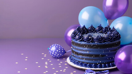 A galaxy-themed birthday cake with dark purple and blue icing sprinkled 