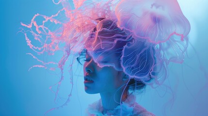Artistic portrait of a person with illuminated jellyfish-like headpiece in blue tones.