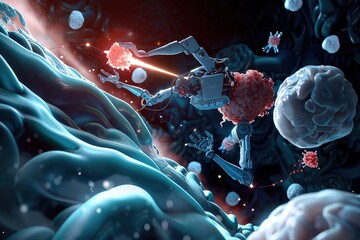 Nanotechnology medicine drug capsules navigating through blood Medicine Microbots: Navigating the Vascular Network - obrazy, fototapety, plakaty
