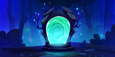 Foto auf Acrylglas Magic portal door in fantasy forest game world vector background. Green neon gate light in futuristic enchanted mirror. Wizard aura vortex glow in doorway. Fantastic adventure to alien dimension © klyaksun