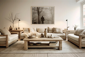 Scandinavian-themed living room with dual sofas, an aged wooden table, and an unoccupied frame,...