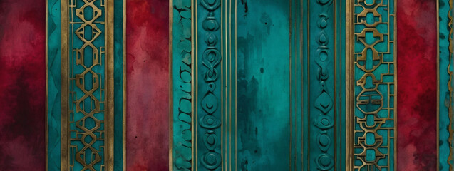 Asian Heritage Abstract Watercolor Background in Turquoise, Ruby, and Antique Brass.