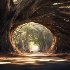Road through the old tree tunnel in the rainforest at sunset