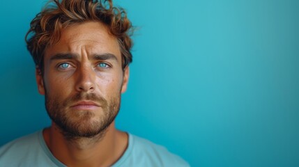   A man with a beard and blue eyes gazes intently into the camera, conveying a serious expression - obrazy, fototapety, plakaty