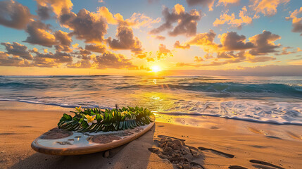 leaves lei draped over a wooden surfboard, Seascape of summer beach with sea and sunset sky background for lei day..