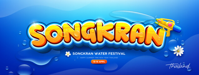 Songkran water festival message, happy summer time new year thailand, clear water drop, fun water gun and white flowers banners design on blue background, Eps 10 vector illustration
